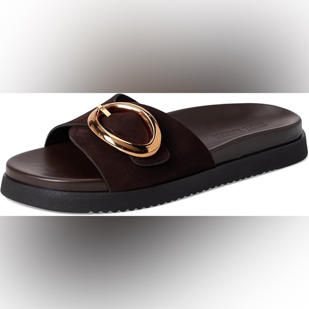 AUTHENTIC Steve Madden Dark Brown Sandals with Gold Buckle FIRM PRICE - Picture 6 of 7